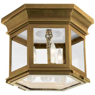 Club Small Hexagonal Flush Mount in Antique-Burnished Brass with Clear Glass