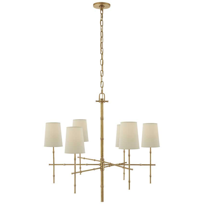 Grenol Medium Modern Bamboo Chandelier in Hand-Rubbed Antique Brass with Natural Percale Shades