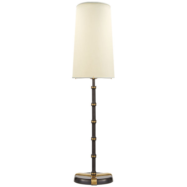 Lucky Bamboo Tall Buffet Lamp in Bronze and Hand-Rubbed Antique Brass with Natural Percale Shade