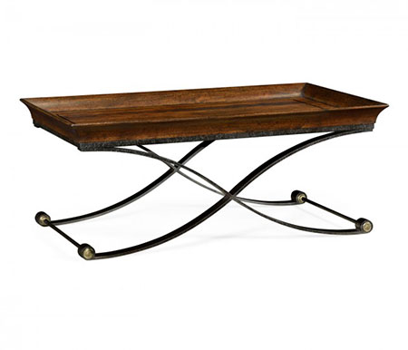 Brown mahogany coffee table with antique iron base