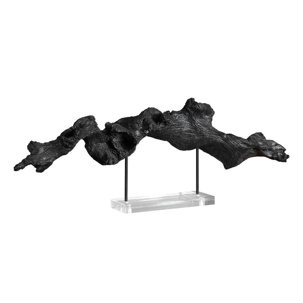 Charred Timber sculpture by Uttermost, blackened driftwood form on acrylic base