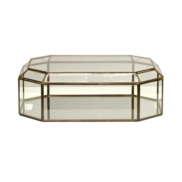 Worlds Away octagonal clear glass box with antique brass border