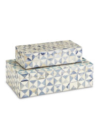Sky Blue Box Set of 2 by Currey and Company, blue and white geometric bone boxes