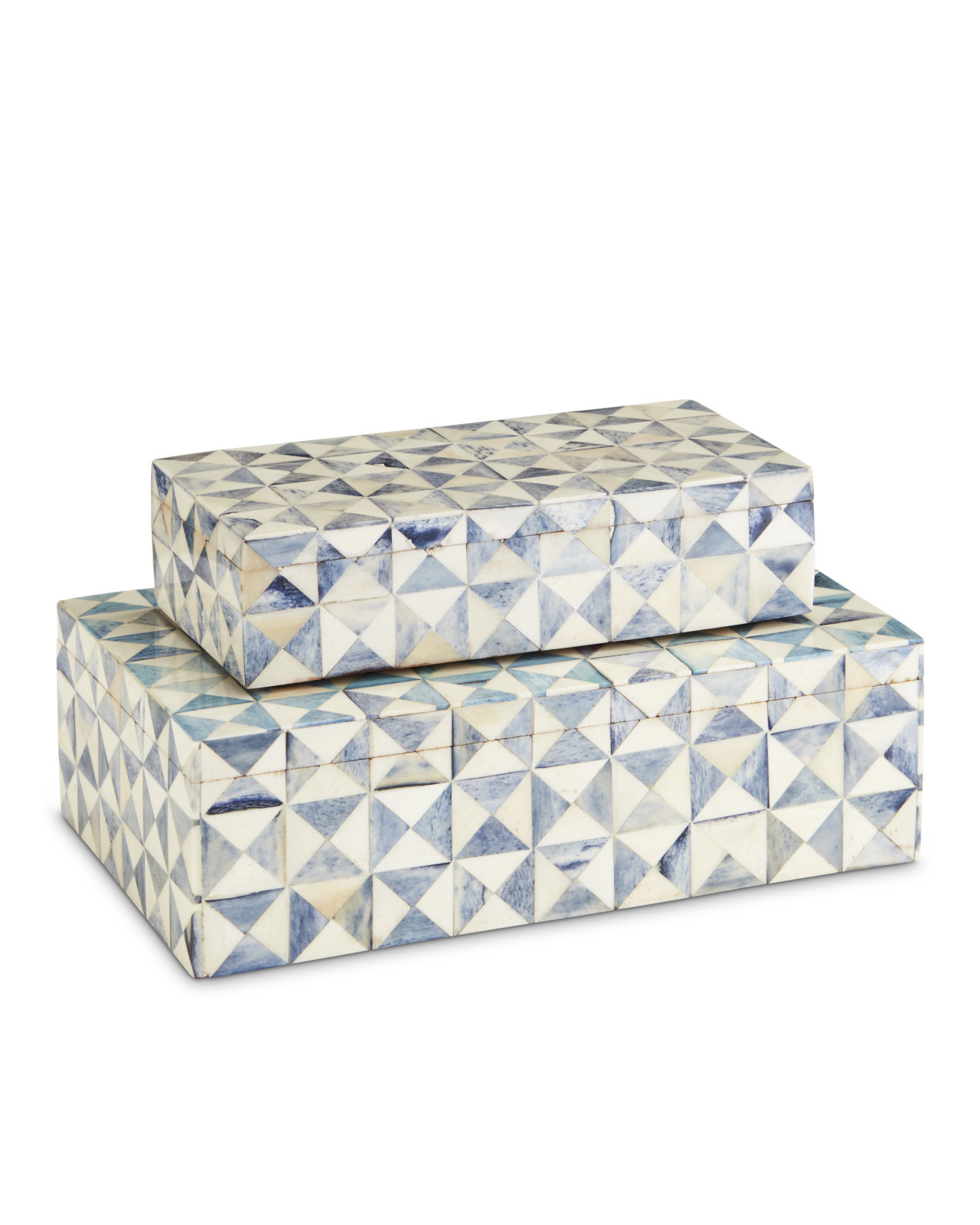 Sky Blue Box Set of 2 by Currey and Company, blue and white geometric bone boxes