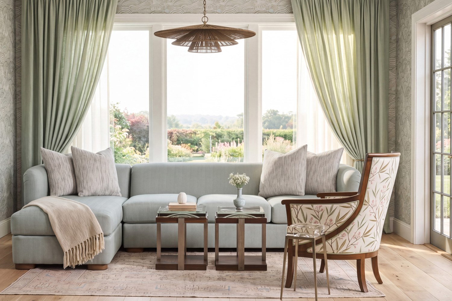 A sectional floated off the wall to separate the living zone in an open concept layout